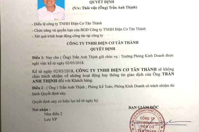 THÔNG BÁO (V/v: Chấm dứt Hợp đồng lao động đối với nhân viên Trần Anh Thịnh)